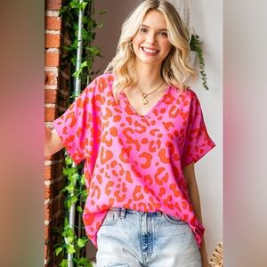 First Love Leopard V-Neck Short Sleeve Woven Top